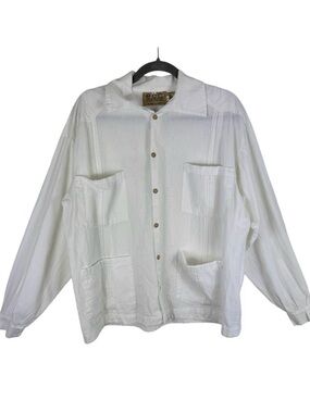e.c.c White 100% Natural Cotton Embroidered‎ Pleated Collared Button Up Shirt L